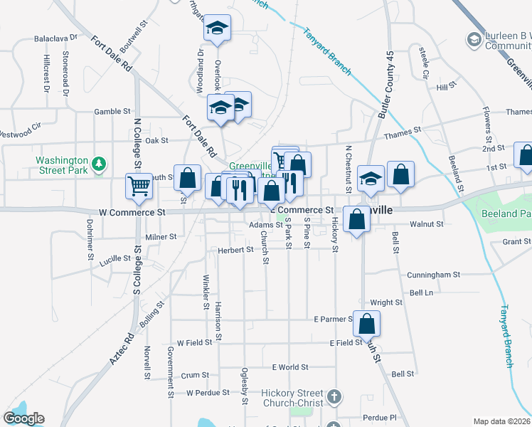 map of restaurants, bars, coffee shops, grocery stores, and more near 108 East Commerce Street in Greenville