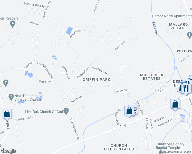map of restaurants, bars, coffee shops, grocery stores, and more near 126 Grandview Drive in Hinesville