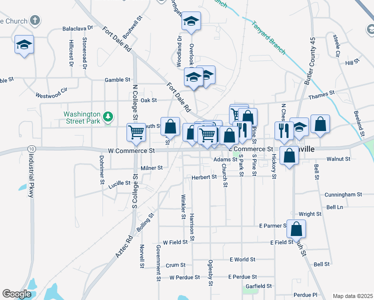 map of restaurants, bars, coffee shops, grocery stores, and more near 206 West Commerce Street in Greenville