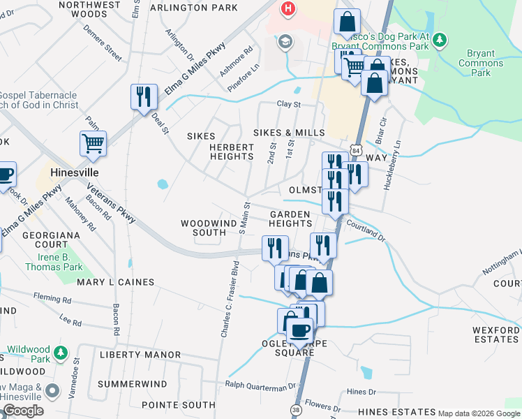 map of restaurants, bars, coffee shops, grocery stores, and more near 201 Garden Circle in Hinesville