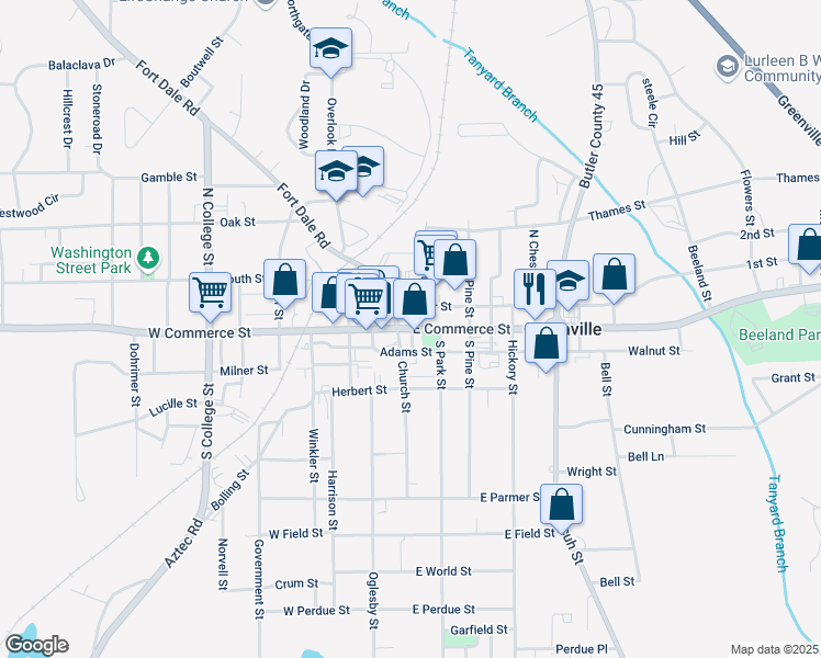 map of restaurants, bars, coffee shops, grocery stores, and more near 207 Cedar Street in Greenville
