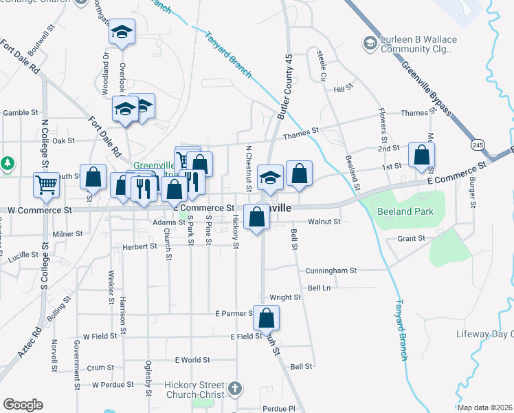 map of restaurants, bars, coffee shops, grocery stores, and more near 607 East Commerce Street in Greenville