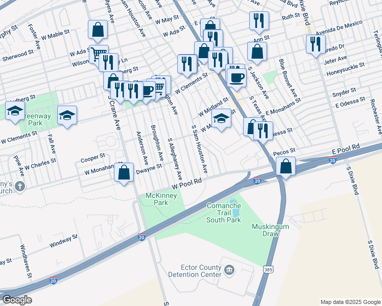 map of restaurants, bars, coffee shops, grocery stores, and more near 1410-1414 S Washington Ave in Odessa