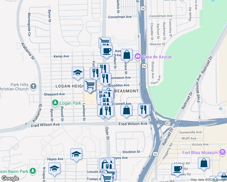 map of restaurants, bars, coffee shops, grocery stores, and more near 4016 Broaddus Avenue in El Paso