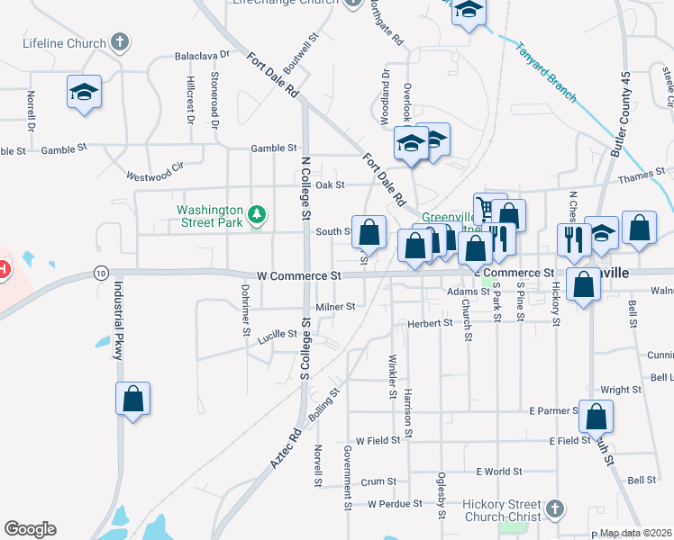 map of restaurants, bars, coffee shops, grocery stores, and more near 401 West Commerce Street in Greenville