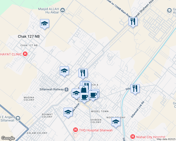 map of restaurants, bars, coffee shops, grocery stores, and more near Sillanwali Shaheen Abad Sargodha Road in Sillanwali