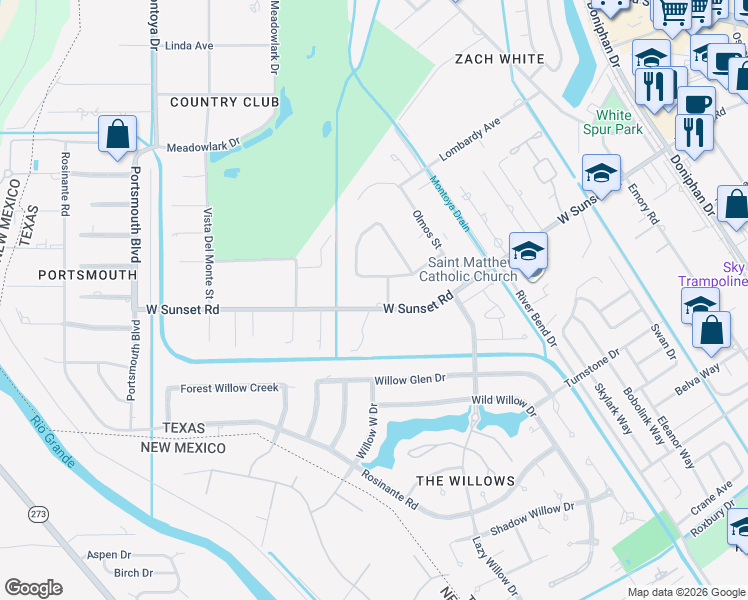 map of restaurants, bars, coffee shops, grocery stores, and more near 707 West Sunset Road in El Paso