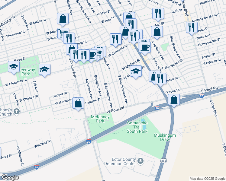map of restaurants, bars, coffee shops, grocery stores, and more near 1414 South Washington Avenue in Odessa
