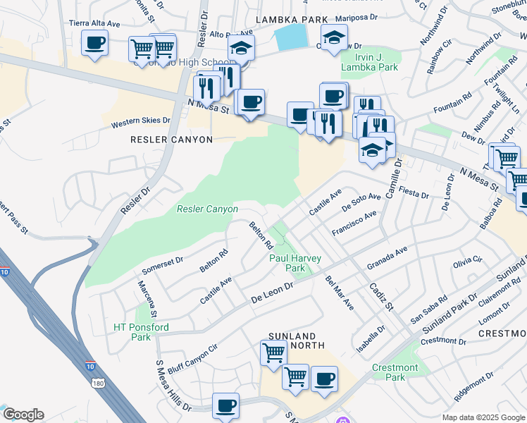 map of restaurants, bars, coffee shops, grocery stores, and more near 6416 Pizarro Street in El Paso