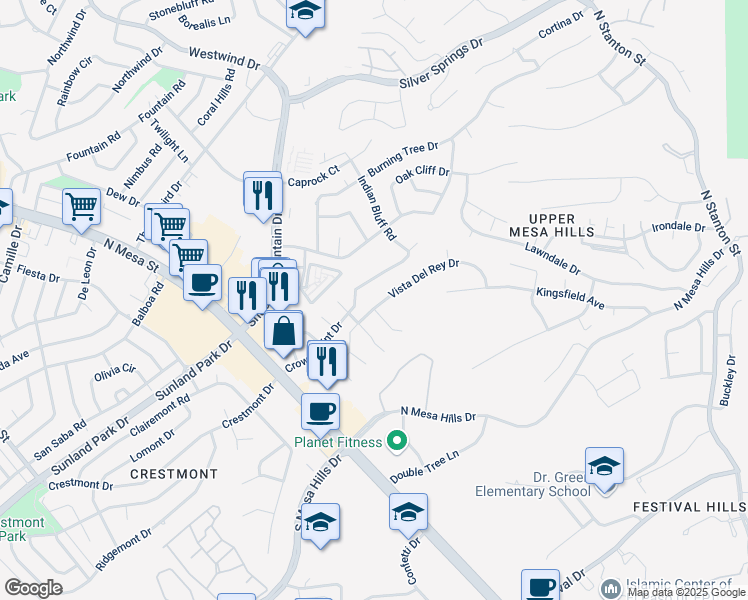 map of restaurants, bars, coffee shops, grocery stores, and more near 223 Vista Del Rey Drive in El Paso