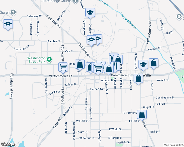 map of restaurants, bars, coffee shops, grocery stores, and more near 206 West Commerce Street in Greenville