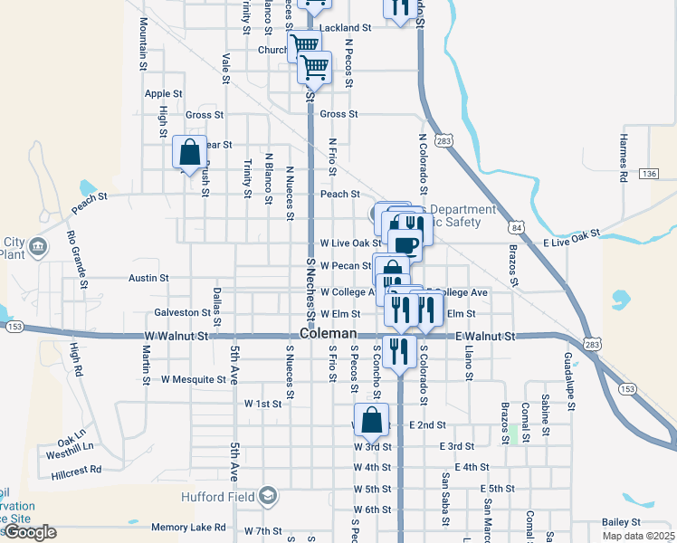 map of restaurants, bars, coffee shops, grocery stores, and more near 315 West Pecan Street in Coleman