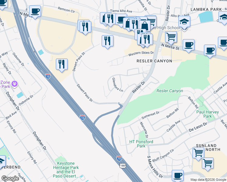 map of restaurants, bars, coffee shops, grocery stores, and more near 408 San Blas Drive in El Paso