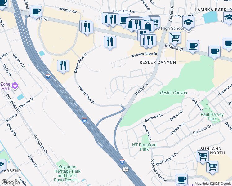 map of restaurants, bars, coffee shops, grocery stores, and more near 408 San Blas Drive in El Paso