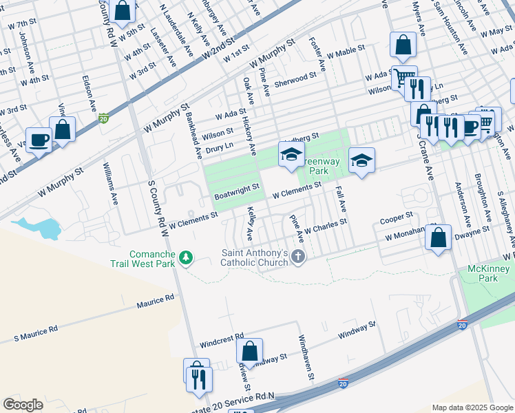 map of restaurants, bars, coffee shops, grocery stores, and more near 1305 West Clements Street in Odessa