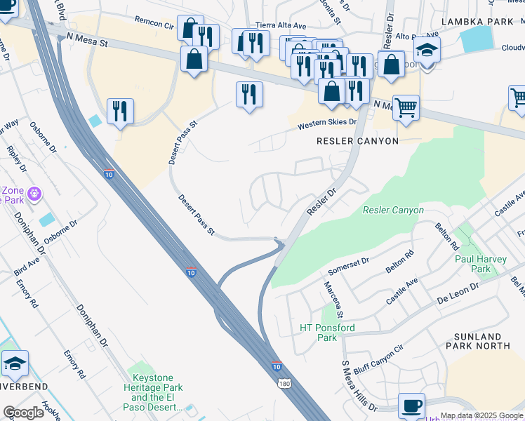map of restaurants, bars, coffee shops, grocery stores, and more near 408 San Blas Drive in El Paso