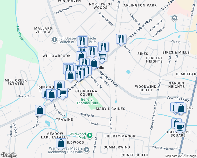 map of restaurants, bars, coffee shops, grocery stores, and more near 705 Bacon Road in Hinesville