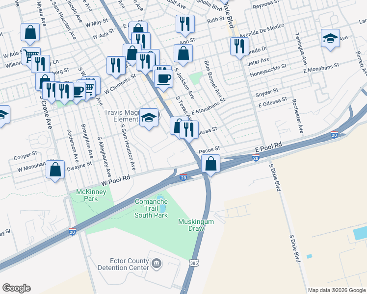 map of restaurants, bars, coffee shops, grocery stores, and more near 1518 South Grant Avenue in Odessa