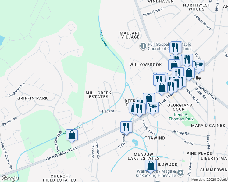 map of restaurants, bars, coffee shops, grocery stores, and more near 700 Mill Creek Circle in Hinesville
