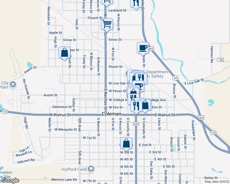 map of restaurants, bars, coffee shops, grocery stores, and more near 315 West Pecan Street in Coleman