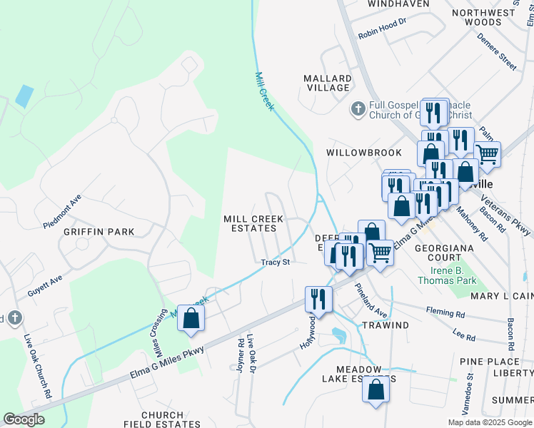 map of restaurants, bars, coffee shops, grocery stores, and more near 703 Mill Creek Circle in Hinesville