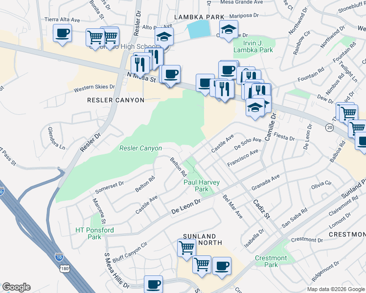 map of restaurants, bars, coffee shops, grocery stores, and more near 6416 Pizarro Street in El Paso