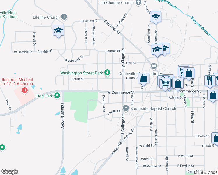 map of restaurants, bars, coffee shops, grocery stores, and more near 107 Water Street in Greenville