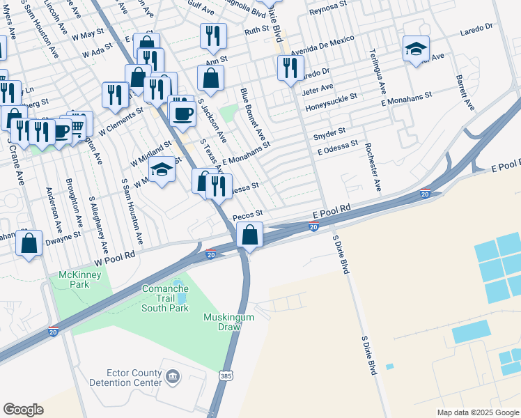 map of restaurants, bars, coffee shops, grocery stores, and more near 1514 South Jackson Avenue in Odessa