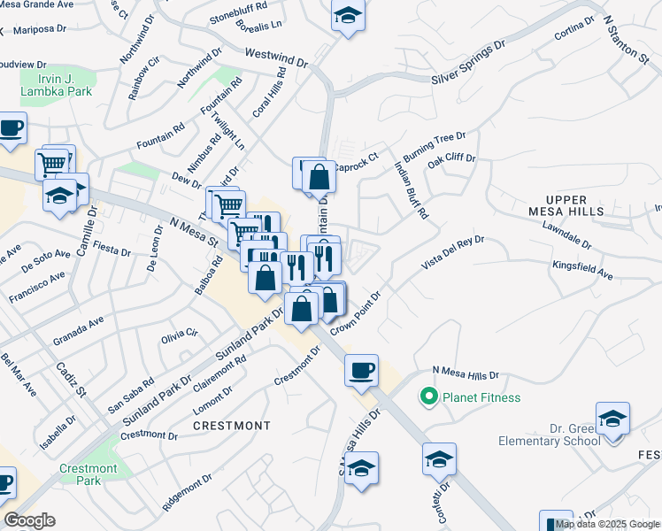 map of restaurants, bars, coffee shops, grocery stores, and more near 140 Shadow Mountain Drive in El Paso