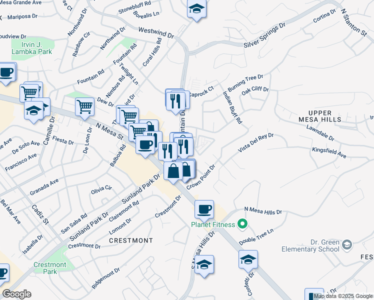 map of restaurants, bars, coffee shops, grocery stores, and more near 140 Shadow Mountain Drive in El Paso