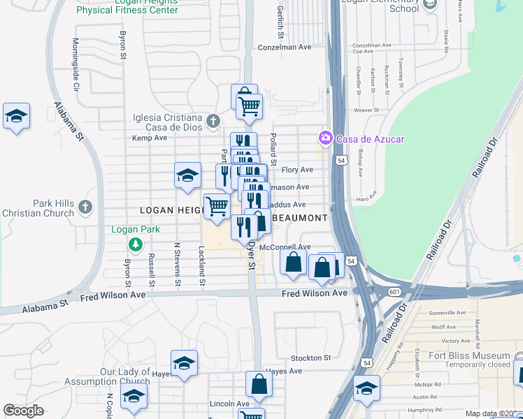 map of restaurants, bars, coffee shops, grocery stores, and more near 4016 Broaddus Avenue in El Paso