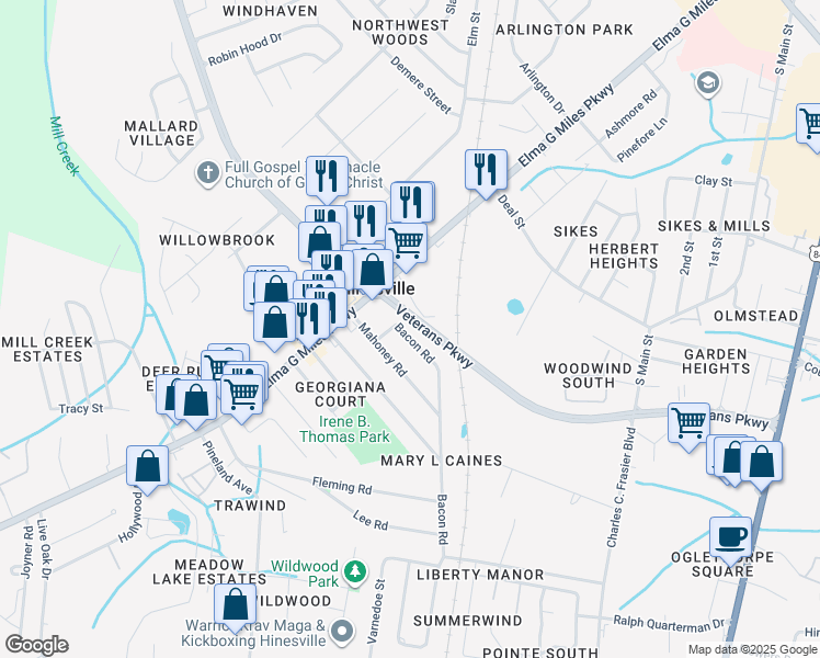 map of restaurants, bars, coffee shops, grocery stores, and more near 705 Bacon Road in Hinesville