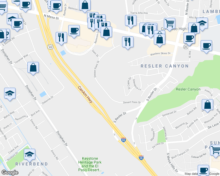 map of restaurants, bars, coffee shops, grocery stores, and more near 240 Desert Pass Street in El Paso