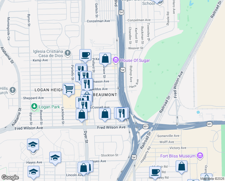 map of restaurants, bars, coffee shops, grocery stores, and more near 5629 Joyce Circle in El Paso