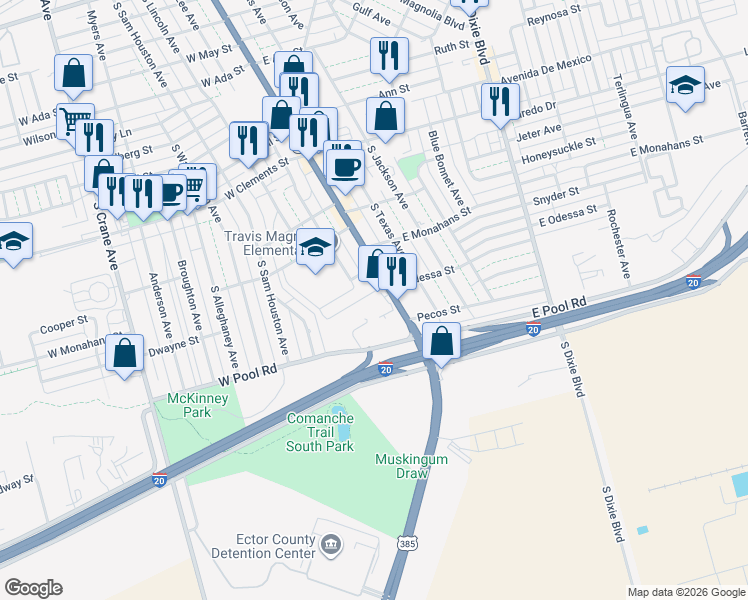 map of restaurants, bars, coffee shops, grocery stores, and more near 1518 South Grant Avenue in Odessa