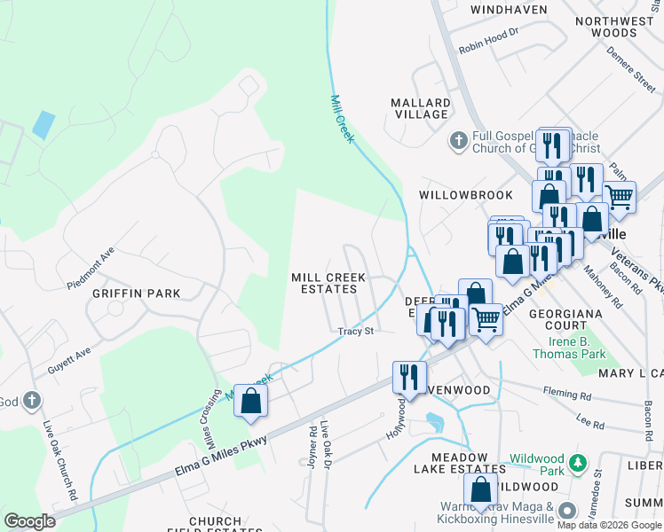 map of restaurants, bars, coffee shops, grocery stores, and more near 802 Jay Street in Hinesville