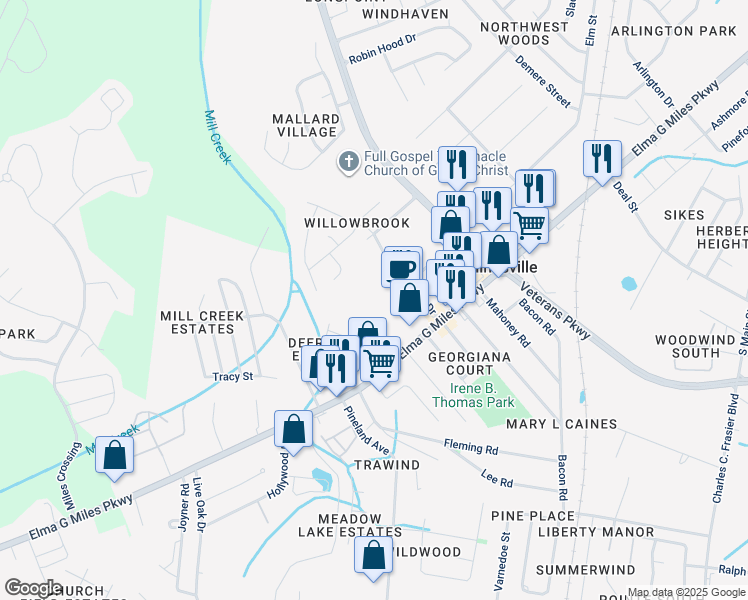map of restaurants, bars, coffee shops, grocery stores, and more near 799 Shuman Street in Hinesville
