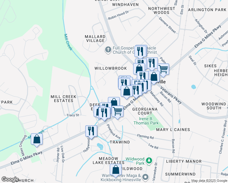 map of restaurants, bars, coffee shops, grocery stores, and more near 841 Willowbrook Drive in Hinesville