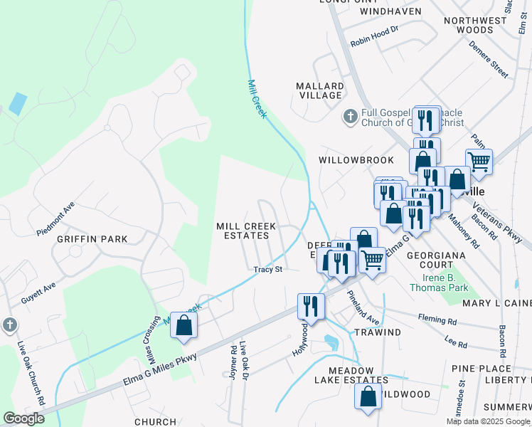 map of restaurants, bars, coffee shops, grocery stores, and more near 703 Mill Creek Circle in Hinesville
