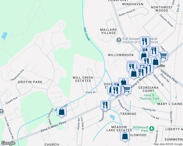map of restaurants, bars, coffee shops, grocery stores, and more near 703 Mill Creek Circle in Hinesville