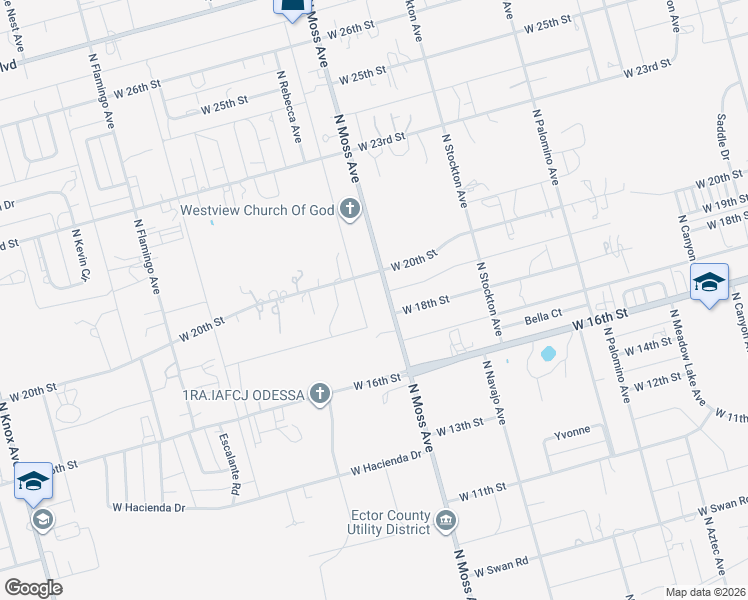 map of restaurants, bars, coffee shops, grocery stores, and more near 1813 N Moss Ave in Odessa