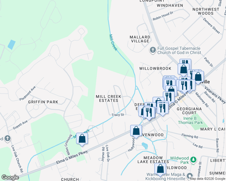 map of restaurants, bars, coffee shops, grocery stores, and more near 802 Jay Street in Hinesville