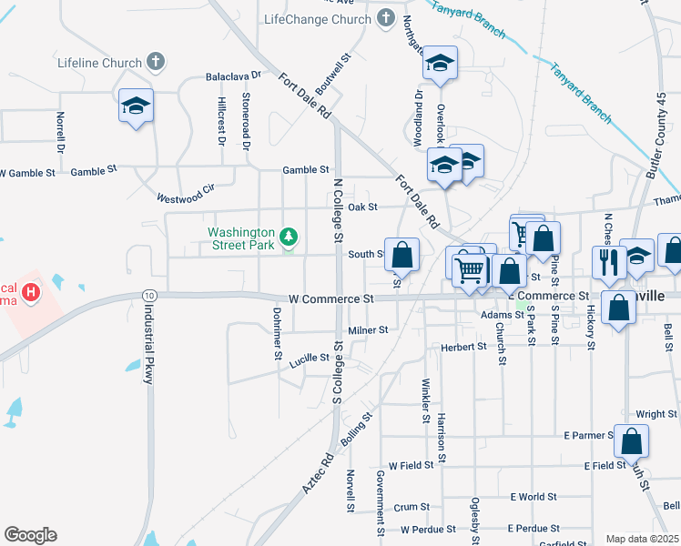 map of restaurants, bars, coffee shops, grocery stores, and more near 114 North College Street in Greenville