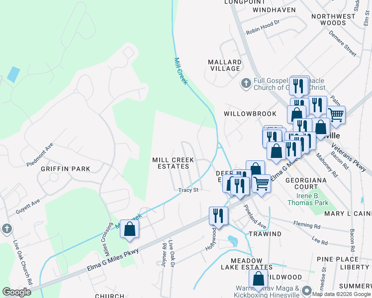 map of restaurants, bars, coffee shops, grocery stores, and more near 703 Mill Creek Circle in Hinesville