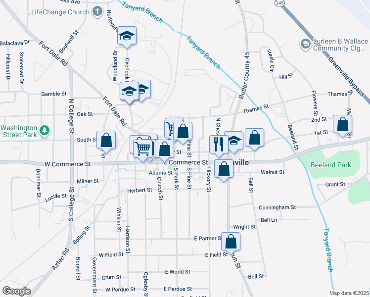 map of restaurants, bars, coffee shops, grocery stores, and more near 207 Cedar Street in Greenville