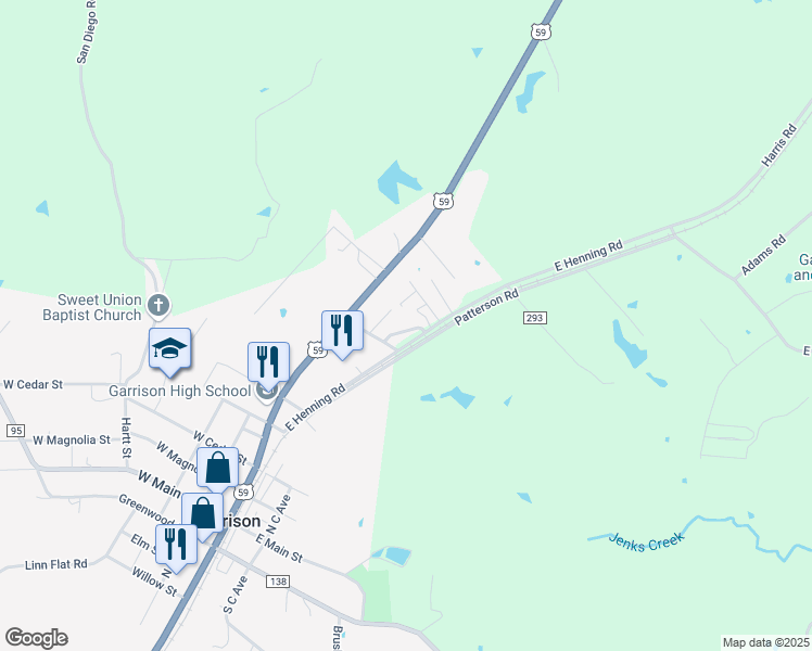 map of restaurants, bars, coffee shops, grocery stores, and more near 710 County Road 291 in Garrison