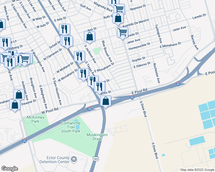 map of restaurants, bars, coffee shops, grocery stores, and more near 1514 South Jackson Avenue in Odessa