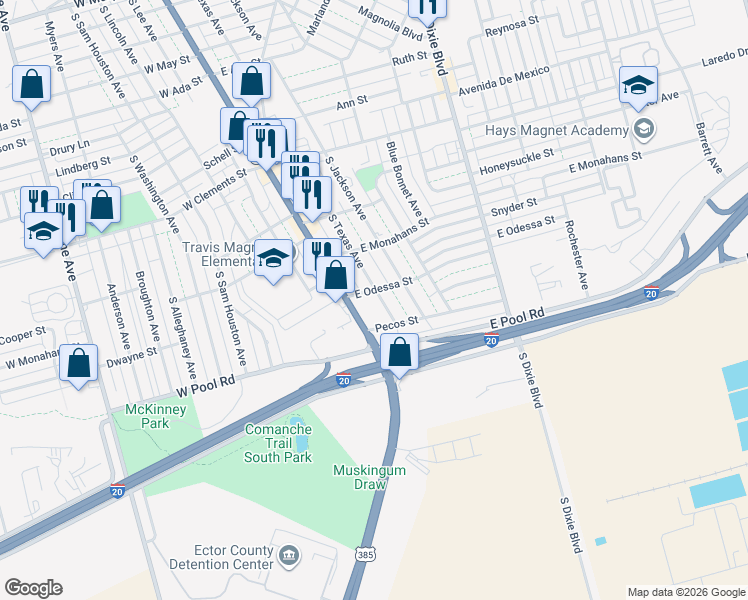 map of restaurants, bars, coffee shops, grocery stores, and more near 1510 S Texas Ave in Odessa