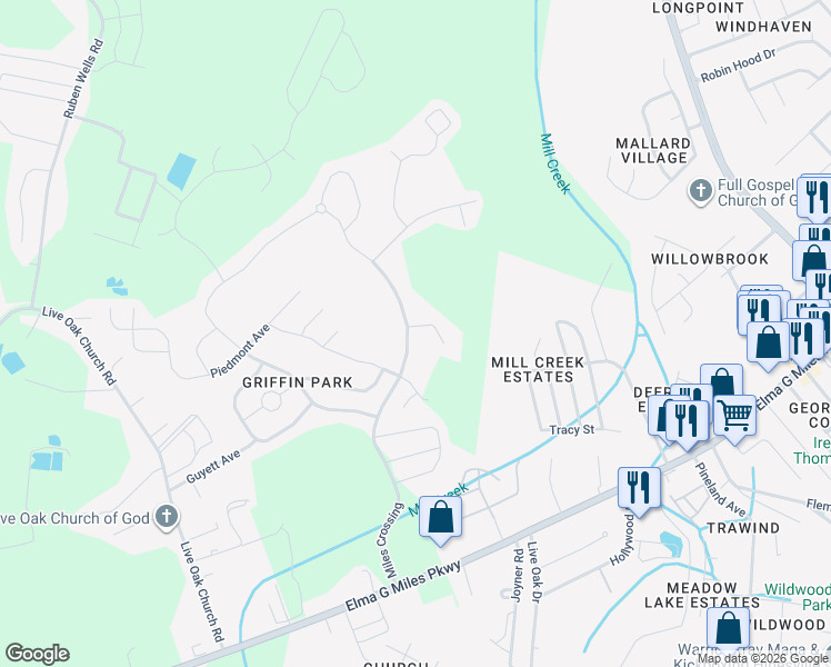 map of restaurants, bars, coffee shops, grocery stores, and more near 1010 Miles Crossing in Hinesville