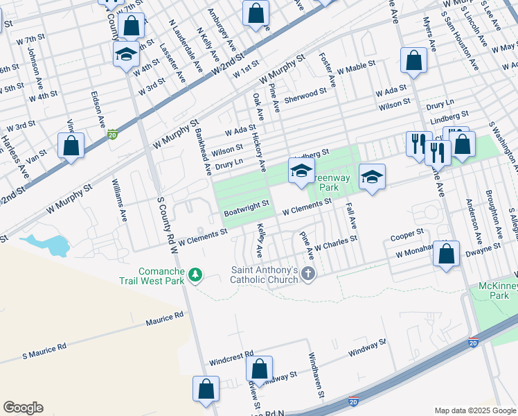 map of restaurants, bars, coffee shops, grocery stores, and more near 1305 W Clements St in Odessa